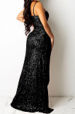 Black Trendy Euramerican Club Hot Drilling Sequins Mesh Spaghetti Condole Belt V Neck Split Long Dress XZ5263-1