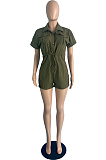 Army Green Summer New Short Sleeve Lapel Neck Cardigan Collcet Waist Woven Romper Shorts TC090