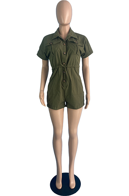 Army Green Summer New Short Sleeve Lapel Neck Cardigan Collcet Waist Woven Romper Shorts TC090