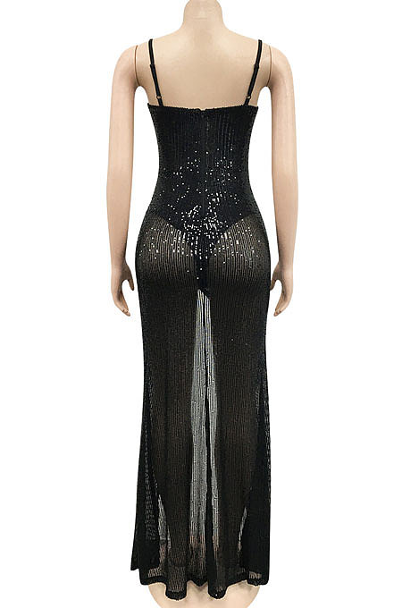 White Trendy Euramerican Club Hot Drilling Sequins Mesh Spaghetti Condole Belt V Neck Split Long Dress XZ5263-4