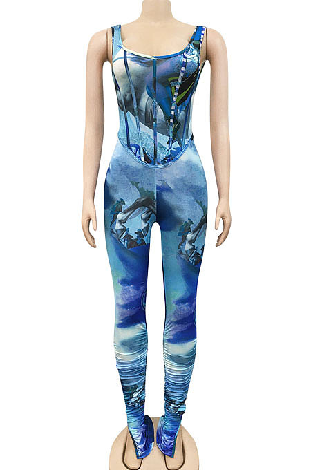 Rose Red Women Digital Printing Sleeveless Sexy Condole Belt Bodycon Jumpsuits XZ5195-4