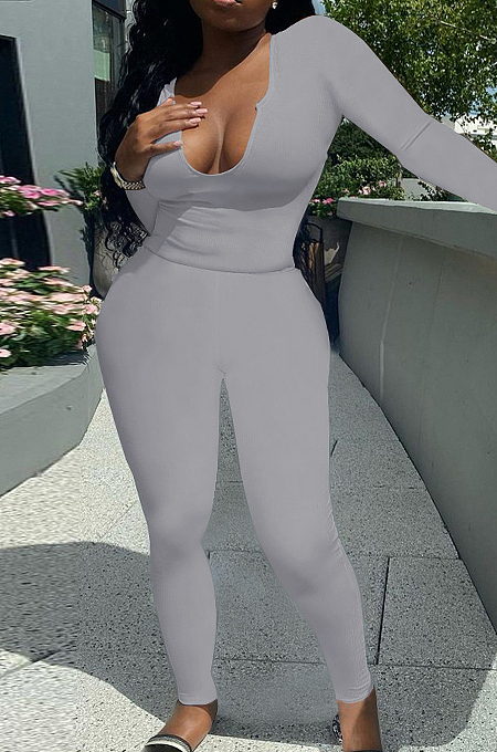 Khaki Sexy Women Long Sleeve Low-Cut Bodycon Pants Solid Color Strach Two-Piece YYF8238-1