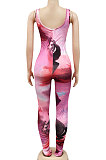 Rose Red Women Digital Printing Sleeveless Sexy Condole Belt Bodycon Jumpsuits XZ5195-4