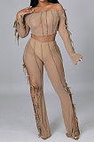 Khaki Euramerican Long Sleeve Off Shoulder Straplee Sexy Tight Pure Color Milk Silk Pants Sets YF9204-2