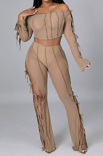 Khaki Euramerican Long Sleeve Off Shoulder Straplee Sexy Tight Pure Color Milk Silk Pants Sets YF9204-2