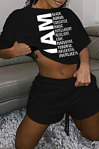 Black Euramerican Letter Printing Short Sleeve Round Neck T-Shirt Shorts Loose Solid Color Sports Sets TC062-3