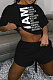 Black Euramerican Letter Printing Short Sleeve Round Neck T-Shirt Shorts Loose Solid Color Sports Sets TC062-3