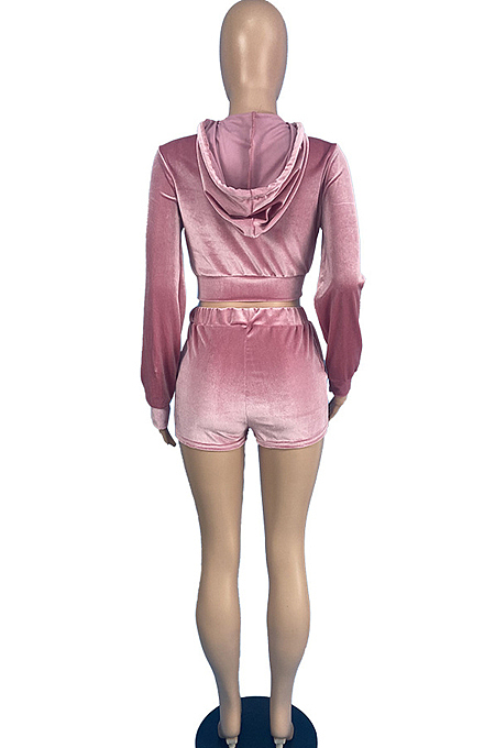 Rose Red Casual Korea Velvet Long Sleeve Hoodie Zipper Coat Shorts Sport Two-Piece TC092-1