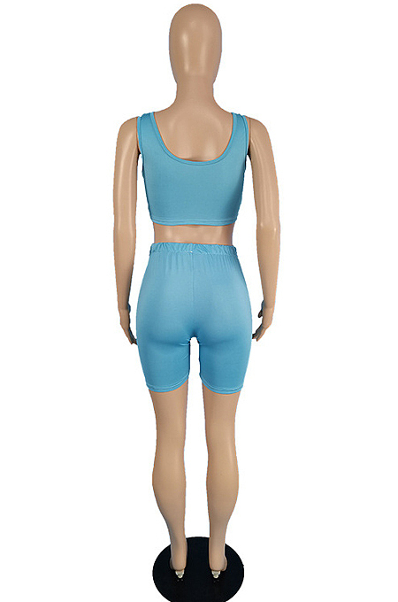 Light Purple Cotton Blend Pure Color U Neck Tank High Waist Bandage Shorts Sport Two-Piece TC080-3