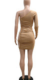 Khaki Mid Waist Oblique Shoulder Sexy Solid Color Chain Milk Silk Mini Dress YF9215