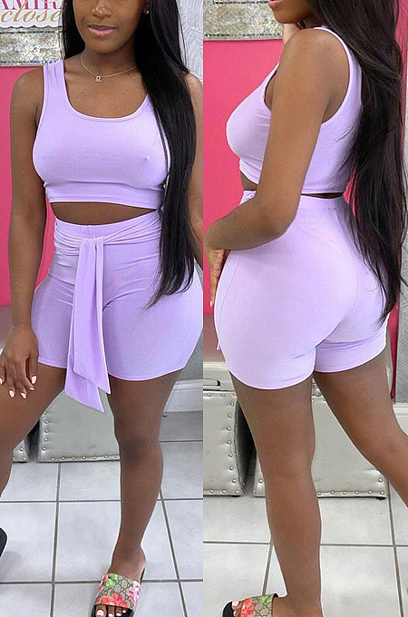 Light Purple Cotton Blend Pure Color U Neck Tank High Waist Bandage Shorts Sport Two-Piece TC080-3