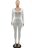 Red Autumn And Winter Elastic Long Sleeve U Neck Top Bodycon Pants Solid Color Two-Piece YYF8240-2