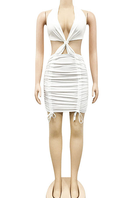 Black Euramerican Solid Color Women Halter Neck Backless Drawsting Sexy Bandage Ruffle Mini Dress XZ5220-1
