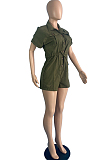 Army Green Summer New Short Sleeve Lapel Neck Cardigan Collcet Waist Woven Romper Shorts TC090
