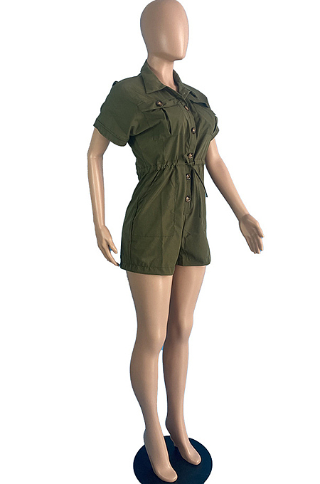 Army Green Summer New Short Sleeve Lapel Neck Cardigan Collcet Waist Woven Romper Shorts TC090
