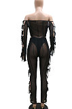 Khaki Euramerican Long Sleeve Off Shoulder Straplee Sexy Tight Pure Color Milk Silk Pants Sets YF9204-2
