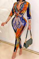Orange Euramerican Fashion Digital Printing V Neck Long Sleeve Long Pants Sets XZ5281-1