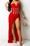 Red Trendy Euramerican Club Hot Drilling Sequins Mesh Spaghetti Condole Belt V Neck Split Long Dress XZ5263-2