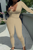 Khaki Sexy Women Long Sleeve Low-Cut Bodycon Pants Solid Color Strach Two-Piece YYF8238-1