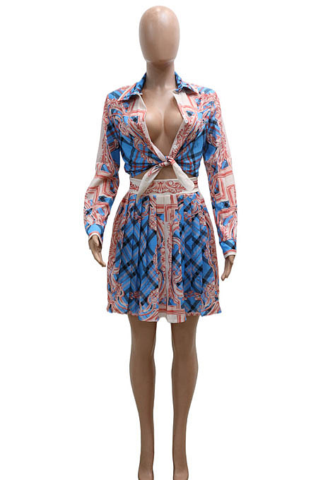 Blue Euramerican Long Sleeve Shirt Ruffle Skirts Sets YF9196-4