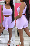 Sky Blue Cotton Blend Pure Color U Neck Tank High Waist Bandage Shorts Sport Two-Piece TC080-1