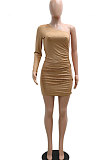 Khaki Mid Waist Oblique Shoulder Sexy Solid Color Chain Milk Silk Mini Dress YF9215