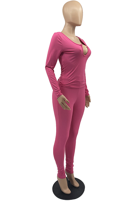 Red Sexy Women Long Sleeve Low-Cut Bodycon Pants Solid Color Strach Two-Piece YYF8238-8