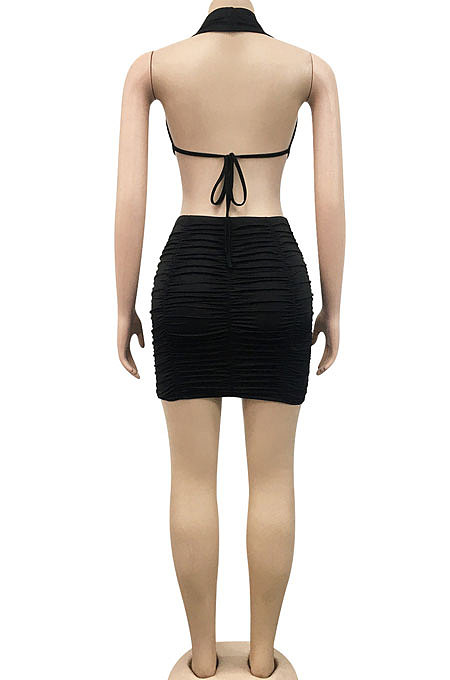 Black Euramerican Solid Color Women Halter Neck Backless Drawsting Sexy Bandage Ruffle Mini Dress XZ5220-1