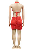 White Euramerican Solid Color Women Halter Neck Backless Drawsting Sexy Bandage Ruffle Mini Dress XZ5220-3