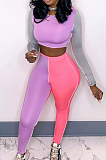 Pink Fashion Autumn And Winter Spliced Long Sleeve Round Neck Crop Top Bodycon Pants Slim Fitting Soprts Sets TC049-3