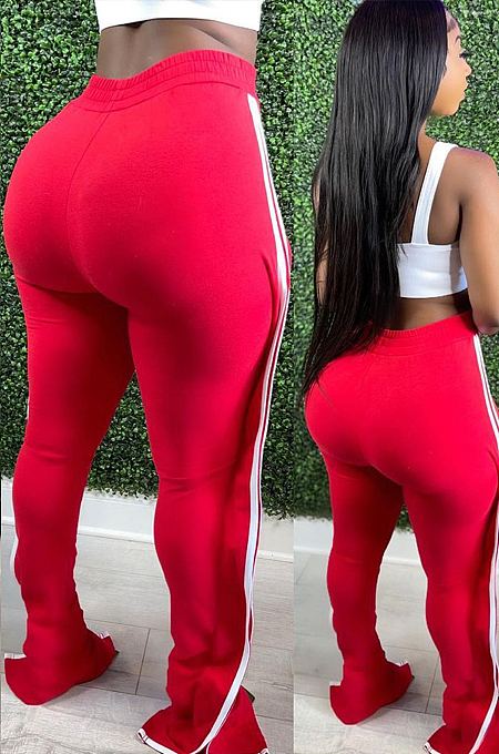 Red High Waist Elasticband Pure Color Edge Strip Sport Casual Pants TC088-1