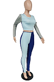 Pink Fashion Autumn And Winter Spliced Long Sleeve Round Neck Crop Top Bodycon Pants Slim Fitting Soprts Sets TC049-3