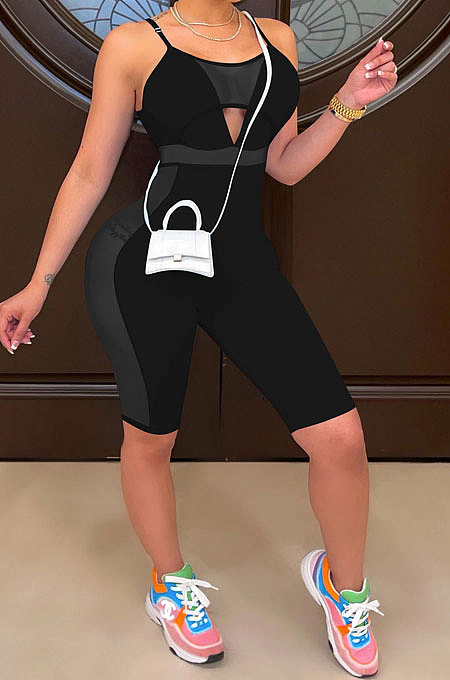 Black Euramerican Fashion Sexy Condole Belt V Neck Hollow Out Pure Color Women Romper Shorts XZ5221-1