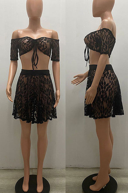 Black Women Sexy Lace Fashion Strapless Dew Waist Short Sleeve Skirts Sets YS501