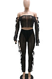 Black Euramerican Long Sleeve Off Shoulder Straplee Sexy Tight Pure Color Milk Silk Pants Sets YF9204-1