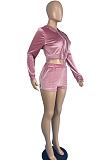 Rose Red Casual Korea Velvet Long Sleeve Hoodie Zipper Coat Shorts Sport Two-Piece TC092-1
