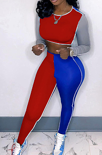 Red Fashion Autumn And Winter Spliced Long Sleeve Round Neck Crop Top Bodycon Pants Slim Fitting Soprts Sets TC049-2