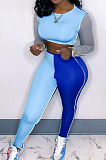 Light Blue Fashion Autumn And Winter Spliced Long Sleeve Round Neck Crop Top Bodycon Pants Slim Fitting Soprts Sets TC049-1