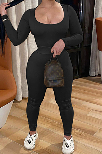 Black Autumn And Winter Elastic Long Sleeve U Neck Top Bodycon Pants Solid Color Two-Piece YYF8240-5