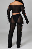 Black Euramerican Long Sleeve Off Shoulder Straplee Sexy Tight Pure Color Milk Silk Pants Sets YF9204-1