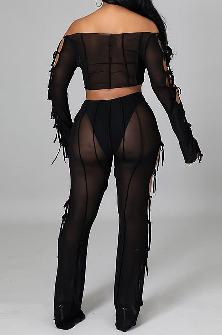 Black Euramerican Long Sleeve Off Shoulder Straplee Sexy Tight Pure Color Milk Silk Pants Sets YF9204-1