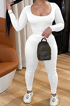White Autumn And Winter Elastic Long Sleeve U Neck Top Bodycon Pants Solid Color Two-Piece YYF8240-3