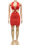 White Euramerican Solid Color Women Halter Neck Backless Drawsting Sexy Bandage Ruffle Mini Dress XZ5220-3