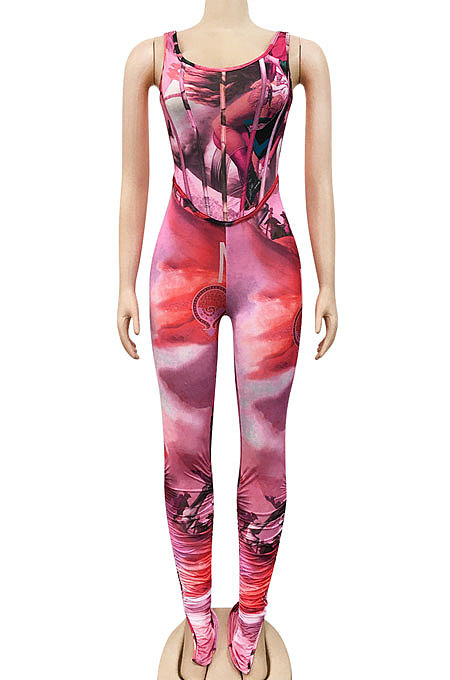 Red Women Digital Printing Sleeveless Sexy Condole Belt Bodycon Jumpsuits XZ5195-2