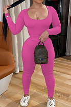 Rose Red Autumn And Winter Elastic Long Sleeve U Neck Top Bodycon Pants Solid Color Two-Piece YYF8240-1