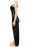 Apricot Trendy Euramerican Club Hot Drilling Sequins Mesh Spaghetti Condole Belt V Neck Split Long Dress XZ5263-3