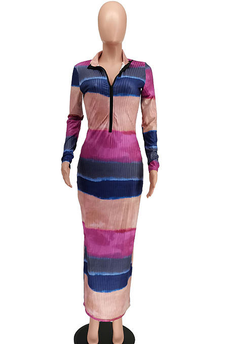 Multicolor Euramerican Women Digital Printing Ribber Strapless Long Sleeve Zipper Long Dress SMY8047