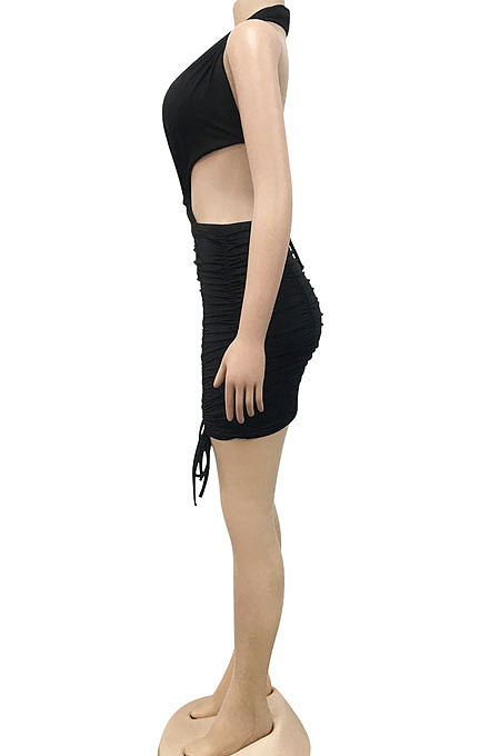 Red Euramerican Solid Color Women Halter Neck Backless Drawsting Sexy Bandage Ruffle Mini Dress XZ5220-2