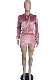 Rose Red Casual Korea Velvet Long Sleeve Hoodie Zipper Coat Shorts Sport Two-Piece TC092-1