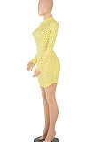 Blue Sexy Long Sleeve Zipper Hollow Out Pure Color Club Mini Dress FMM2069-5